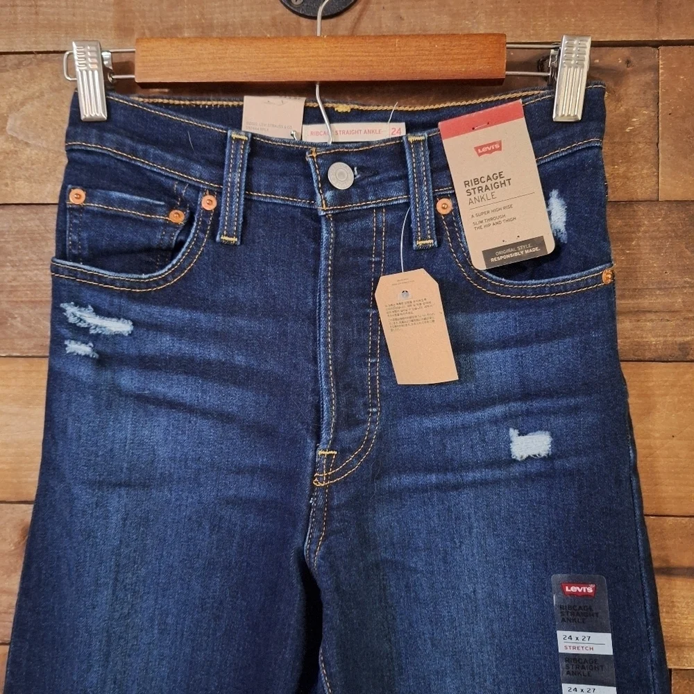 Levis Ribcage Straight Ankle Distressed Dark Wash Jeans SZ 24